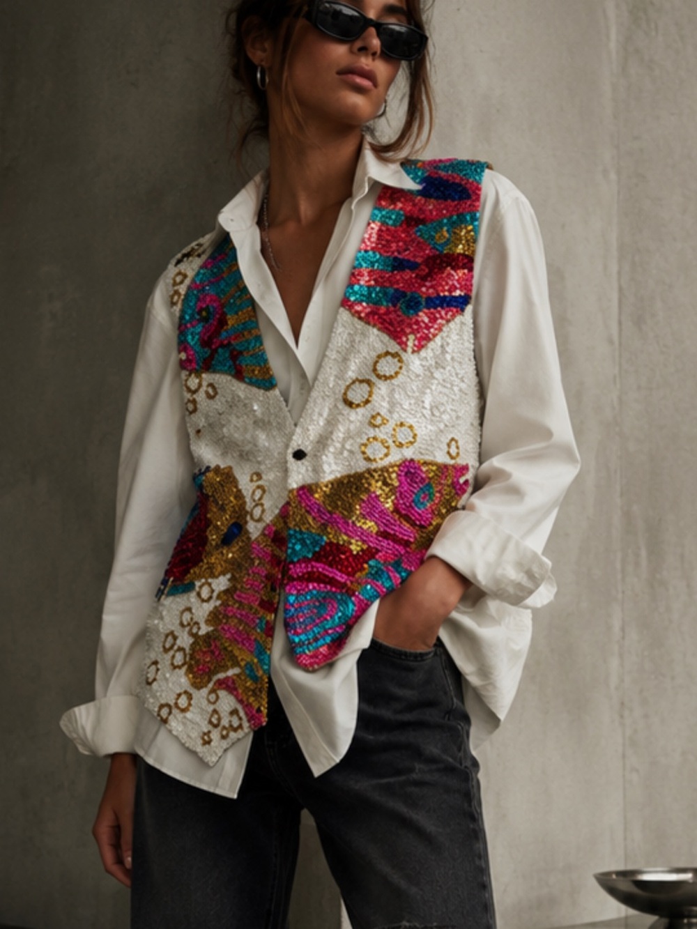 Vintage statement Sequin Fish Vest Beaded Art wear Top L